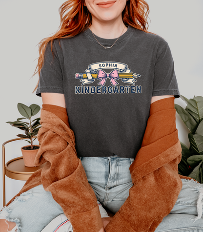 Custom Pencil Bow Teacher T-Shirt | Personalized Kindergarten Tee