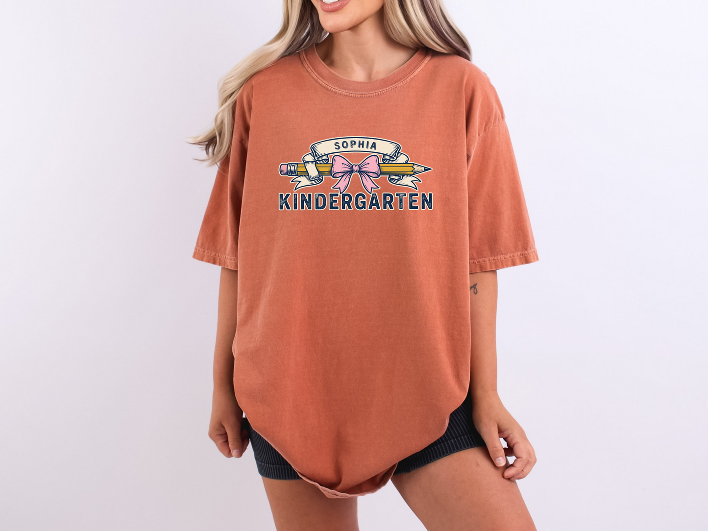 Custom Pencil Bow Teacher T-Shirt | Personalized Kindergarten Tee