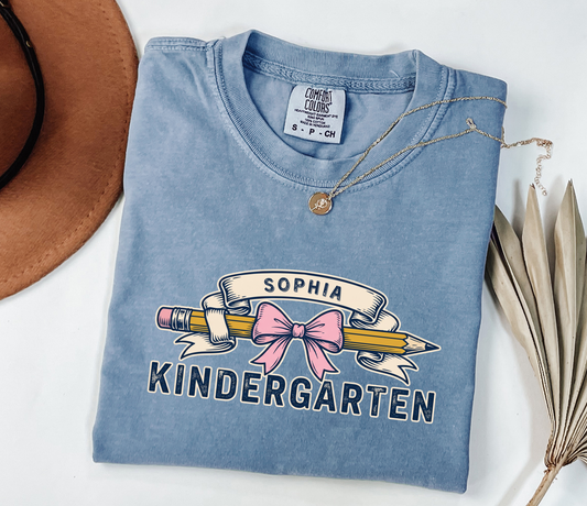 Custom Pencil Bow Teacher T-Shirt | Personalized Kindergarten Tee