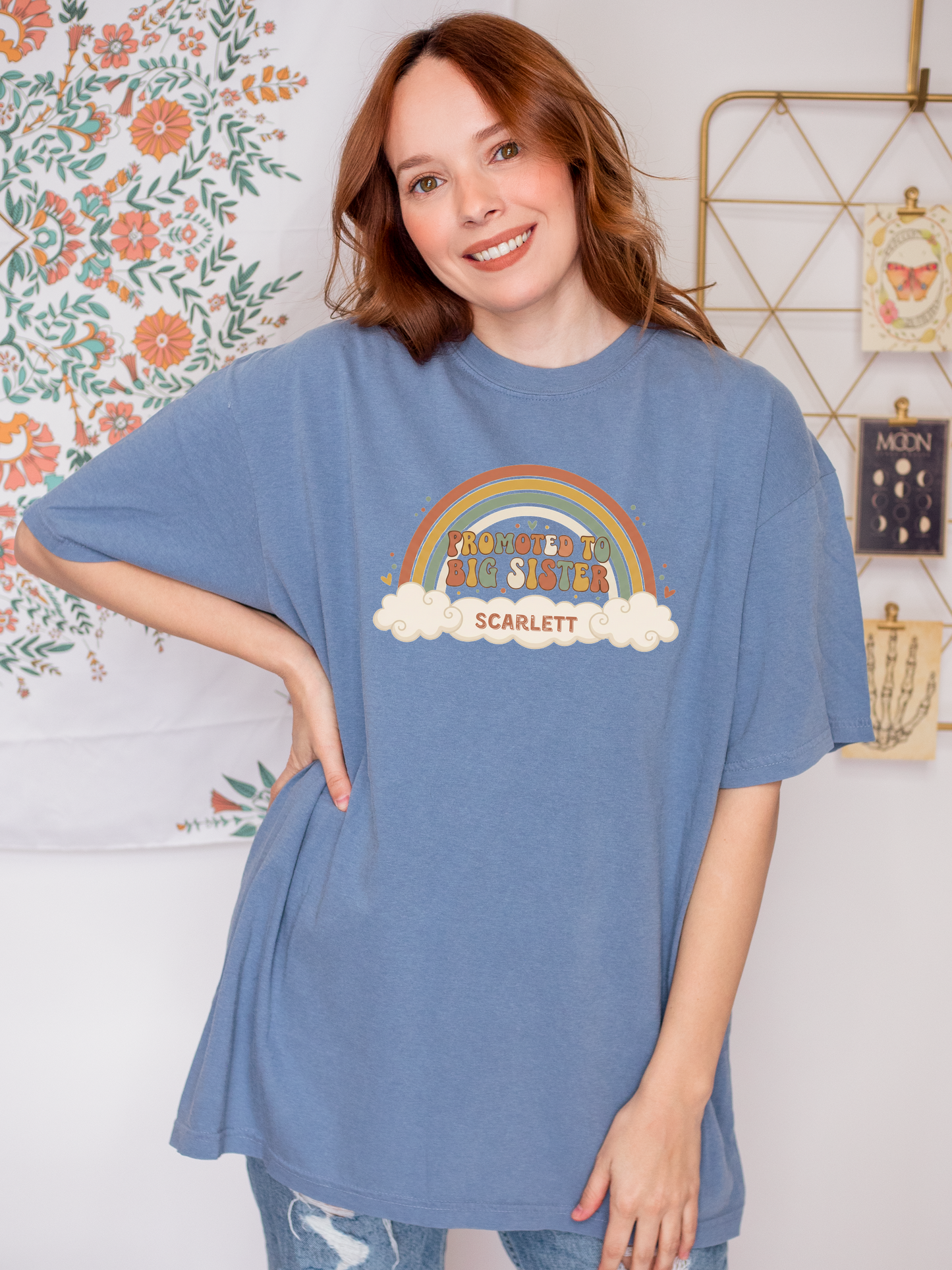 Promoted to Big Sister Shirt | Boho Rainbow Personalized Name Tee | Sibling Announcement