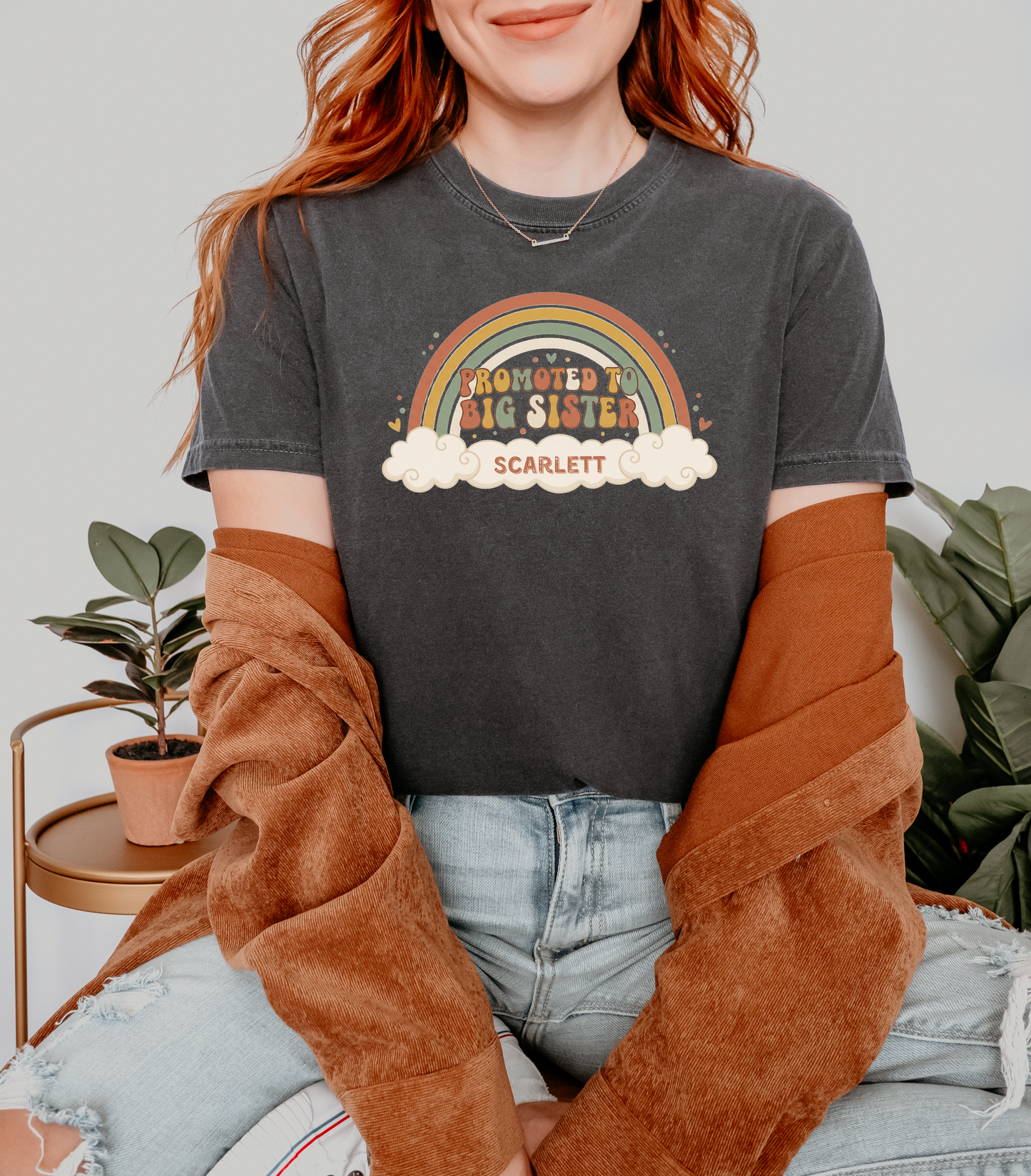 Promoted to Big Sister Shirt | Boho Rainbow Personalized Name Tee | Sibling Announcement