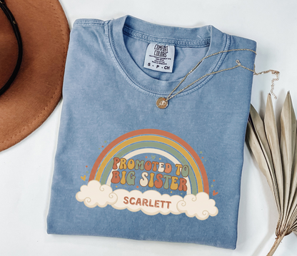 Promoted to Big Sister Shirt | Boho Rainbow Personalized Name Tee | Sibling Announcement