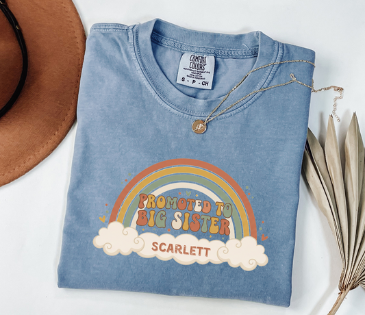 Promoted to Big Sister Shirt | Boho Rainbow Personalized Name Tee | Sibling Announcement
